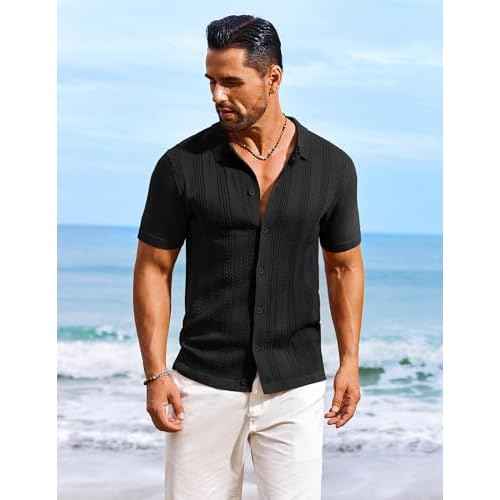 COOFANDY Men's Knit Shirts Short Sleeve Casual Button Down Polo Shirt Summer Beach Vacation Shirts