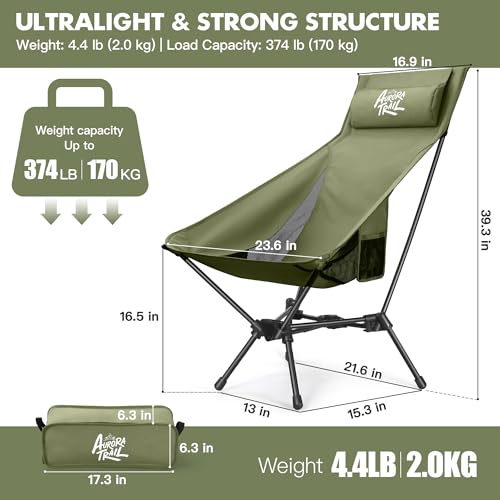 AuroraTrail High Back Folding Camping Chair with Pillow – Lightweight Portable Outdoor Chair with Cup Holder & Carry Bag, ...