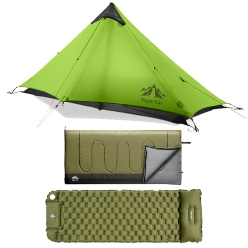 Night Cat Ultralight Tent 1 Person with Camping Sleeping Bag and Inflatable Sleeping Pads Mat Bed with Pillow Foot Pump fo...