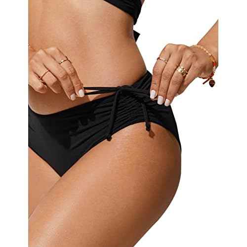 CRZ YOGA Mid Waisted Ruched Bikini Bottoms for Women - Full Coverage Bathing Swimsuit Adjustable Side Tie Swim Briefs