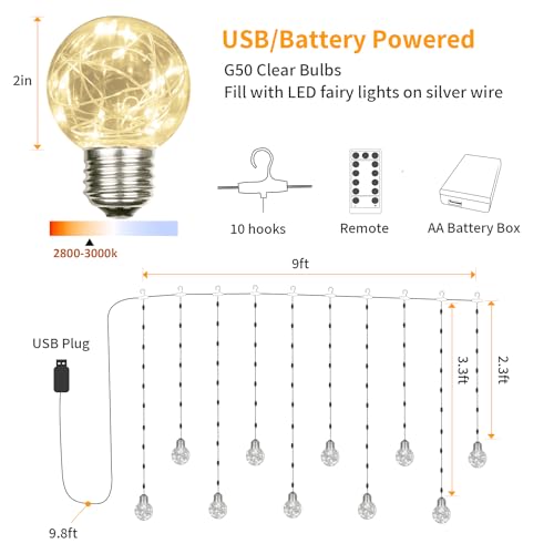 YOLIGHT Wishing Ball Curtain Lights 200 LED Window Curtain String Lights with Remote, USB Battery Powered Twinkle Globe Fa...