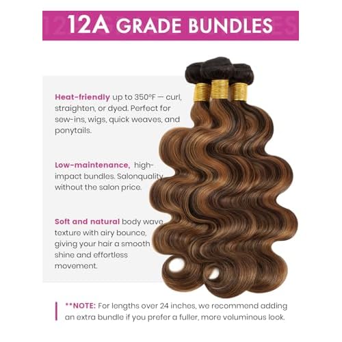 Honey Blonde Highlight Bundles Human Hair Body Wave, 12A Thick F1B/30 Highlight Black and Brown Colored Quick Weave 100% Brazilian 12A Unprocessed Remy Hair Double Weft 3 Bundles 10/12/14 Inch