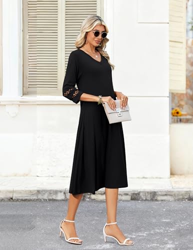 Zeagoo Women's Dresses 3/4 Sleeve Summer Casual V-Neck A Line Flowy Eyelet Midi Dress for Women Beach Vacation Sundress
