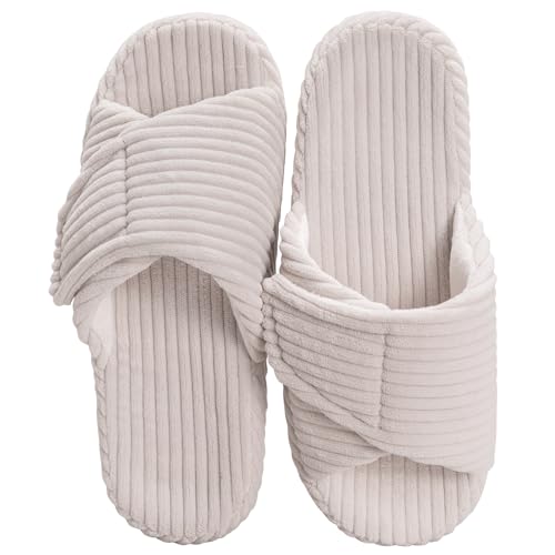 Women's House Slippers Cozy Adjustable Open Toe Memory Foam Corduroy Non-slip Bedroom Shoes for Indoor Outdoor