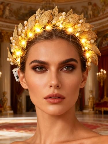 Catery Gold Leaf Headband Light up Greek Goddess Crown Headpiece Costume Accessories for Women