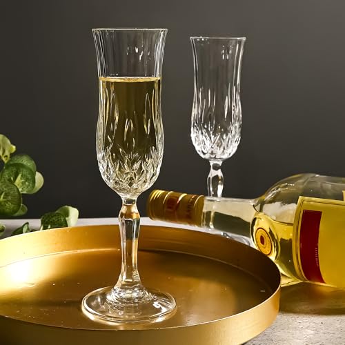 Champagne Flutes Set of 12-4 oz Vintage Crystal Clear Glasses with Cut Design, Elegant Stemware for Champagne, Prosecco, M...