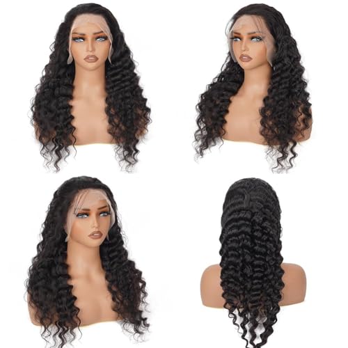 XVE 30 Inch Deep Wave Lace Front Wig Human Hair 13x4 Lace Front Wigs Human Hair Pre Plucked 200% Density Wet And Wavy Wigs Transparent Lace Frontal Curly Wigs For Women Glueless Wig Natural Black