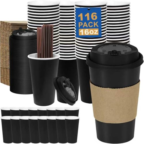 16 oz Coffee Cups + 16 Extra Cups Bulk Disposable To-Go Paper Cups with Lids and Sleeves for Hot Beverage, Chocolate, Coco...