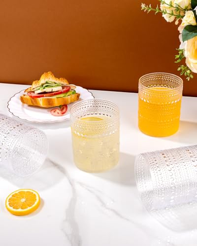 YOUBET 24PCS Plastic Hobnail Drinking Glasses - 14 Oz Clear Vintage Glasses Drinkware - Disposable Beaded Cups for Juice, ...