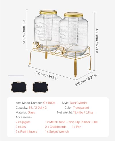 VEVOR Beverage Dispenser, 2 Pack 2 Gallon Drink Dispensers for Parties, Glass Juice Dispenser with Metal Stand, Stainless ...