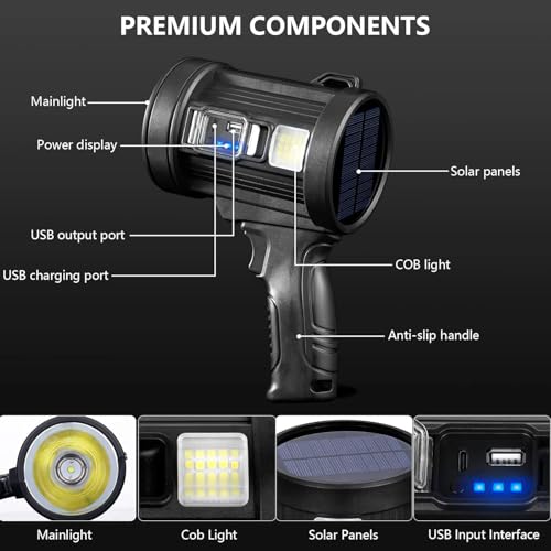 MIXILIN Rechargeable Spotlight, 90,000 Lumens Handheld Hunting Flashlight Led Spot Light with Cob Light and Solar Panels, ...
