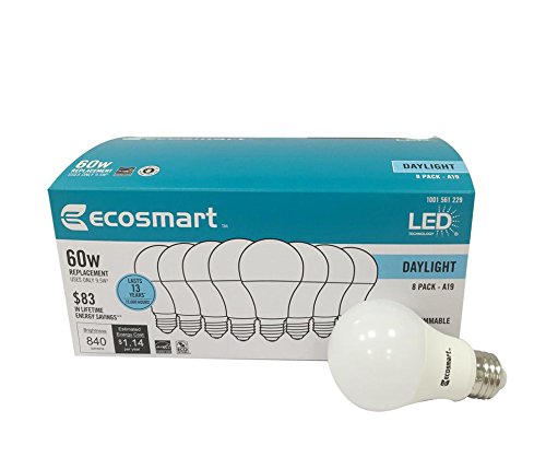 Ecosmart 8 Pack LED A19 Light bulb, 60w Equivalent (A19 Daylight)