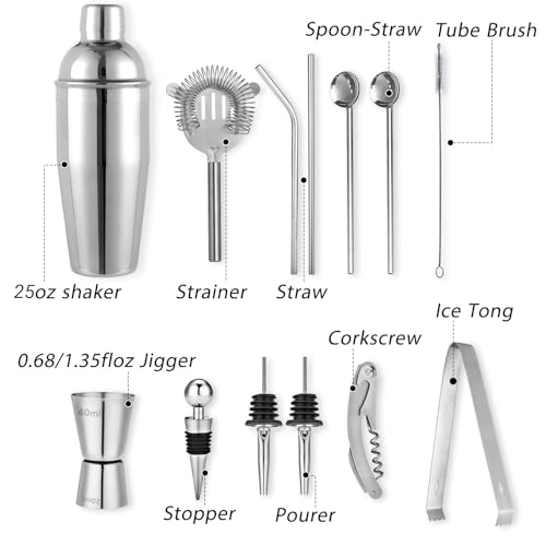 Cocktail Shaker Set Bartender Kit, Godmorn 15Pcs Bartender Shaker Set, 304 Stainless Steel Martini Shaker and Strainer, Ba...