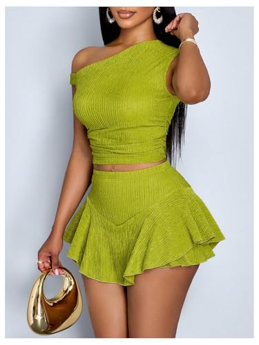 WDIRARA Women's One Shoulder Asymmetrical Tank Top and Layered Ruffle A Line Mini Skirt Sets 2 Piece Outfits