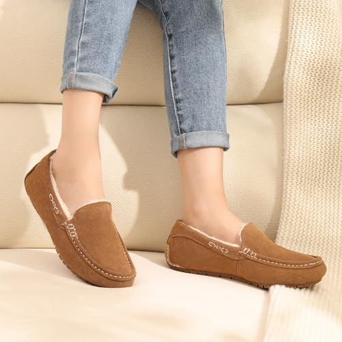 KIDMI Women's Genuine Suede Moccasin Slippers Fluffy Cozy House Shoes with Soft Sole Indoor/Outdoor