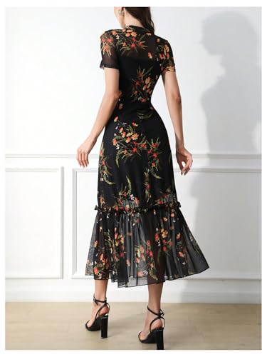 Verdusa Women's Floral Ruffle Mesh Slimming Dress Vintage Elegant Wedding Guest Dress