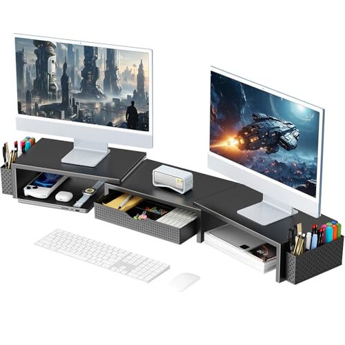 gianotter Dual Monitor Stand Riser, Desk Organizer With Drawer and 2 Pen Holders, Computer Monitor Stand, Shelf for Top of...