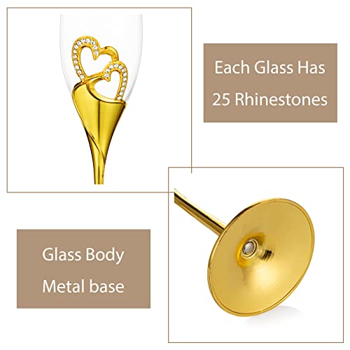 Wedding Champagne Glass Set Gold Toasting Flute Glasses Deluxe Pack of 2 with Rhinestone Rimmed Hearts Decoration for Wedd...