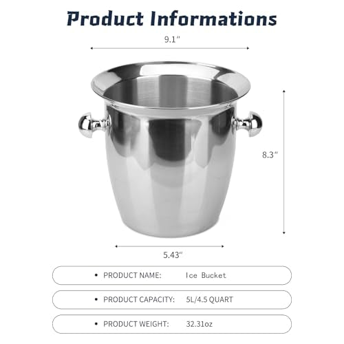 Ice Bucket, Large Ice Bucket for Parties, 5L Portable Stainless Steel Wine Buckets with Handle for Champagne, Beer, Cockta...