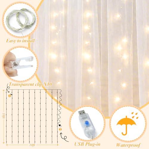 Ledido 2 Pack 10×8ft White Tulle Backdrop Curtains with Lights String - 600LED Fairy Lights Sheer Curtain Backdrop for Wed...