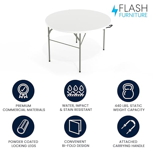 Flash Furniture Freeman 4' Round Plastic Folding Table with Carrying Handle, Plastic Foldable Table for Indoor/Outdoor Eve...