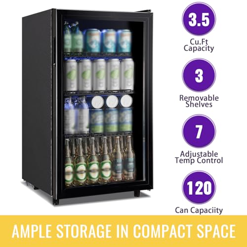 WANAI 3.5 Cu.ft Beverage Refrigerator Cooler, Mini Fridge with Glass Door for Beer Soda or Water, Small Drink Cooler Machi...