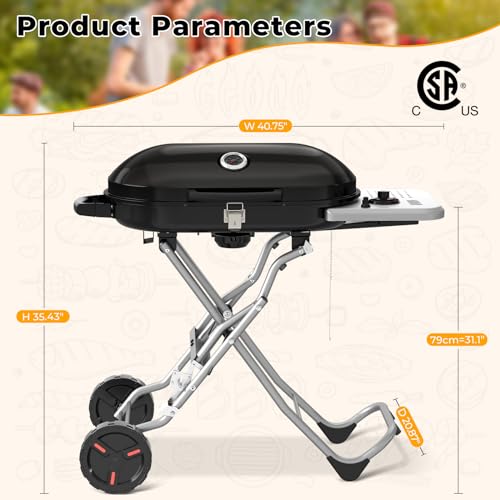 Havato Portable Propane Gas Grill,15,000 BTU BBQ Grill with Top Cover Lid, 406 sq.in. Grilling Areas, 2 Wheels, Built-in T...