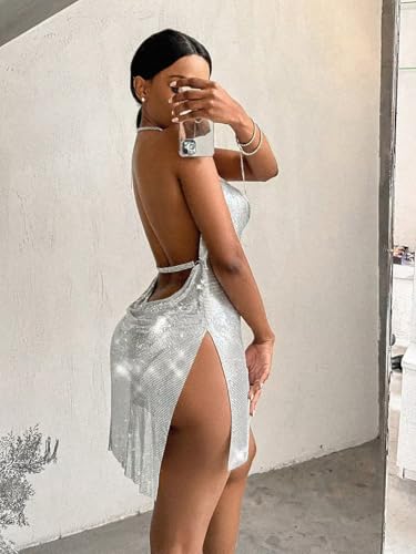 Falainetee Women's Metallic V Neck Backless Chain Cami Party Dress