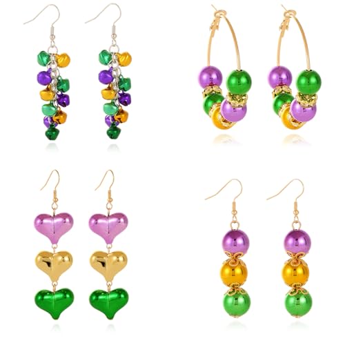 Met-edianger 4 Pairs Mardi Gras Earrings Set Carnival Dangle Drop Earrings Purple Green Yellow Round Heart Beaded Party Fe...