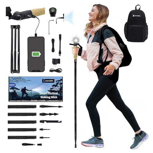 SmartstickX Collapsible Tactical Walking Stick with LED Light, USB Charging, Cork Grip, and Survival Tools – Aircraft Alum...