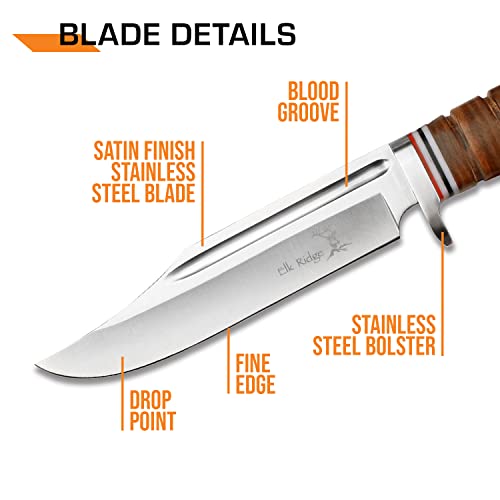 Elk Ridge - Outdoors Fixed Blade Knife - 12-in Overall, 6.25-in Stainless Steel Blade, Full Tang Knife, Leather Wrapped Ha...