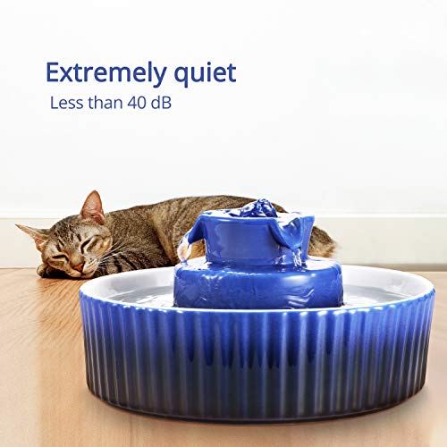 Ceramic Cat Water Fountain, 2.1L/71oz Pet Fountain for Dog and Cat, 3 Carbon Filters and 2 Pumps (Dark Blue)