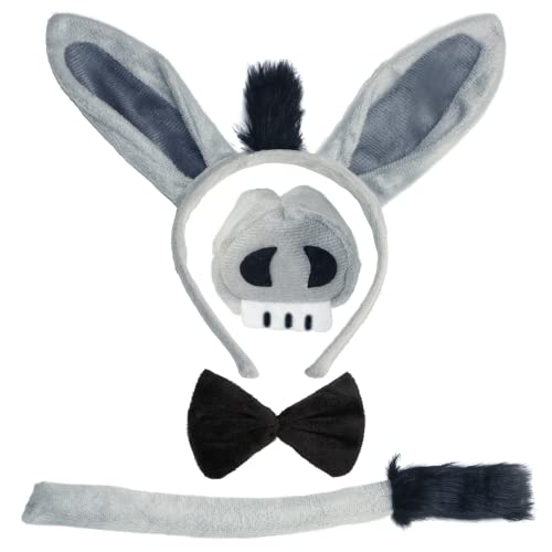 Donkey Costume Accessory Set- Donkey Ears Headband Tail Nose and BowTie, Animal Props Halloween Cosplay Kit (4 Pieces)