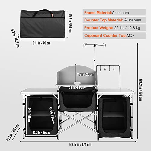 VEVOR Camping Kitchen Table, Folding Outdoor Cooking Table with Storage Carrying Bag, Aluminum Cook Station 3 Cupboard & D...