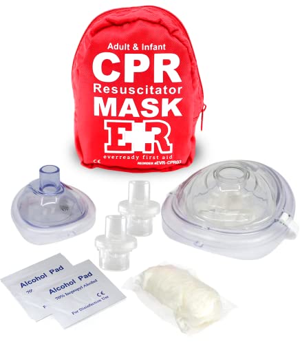 Adult and Infant CPR Mask Combo Kit – Includes 2 CPR Masks with One-Way Valves, Pair of Vinyl Gloves, 2 Alcohol Prep Pads...