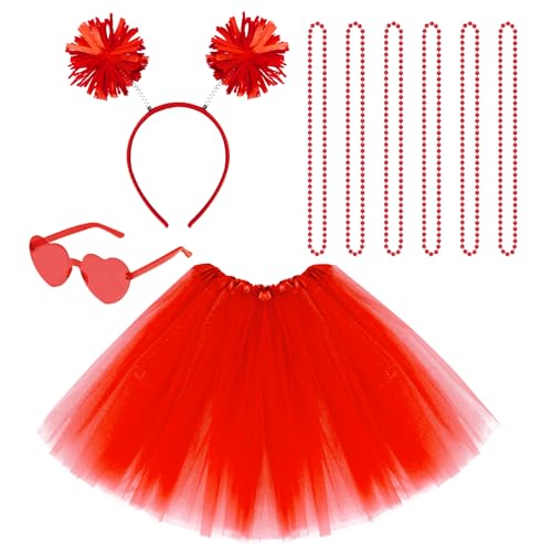 Sucrain Tutu Costume Accessories Set, Spirit Day Pom Pom Headband Necklaces Heart Sunglasses Tutu Wear for Women Party