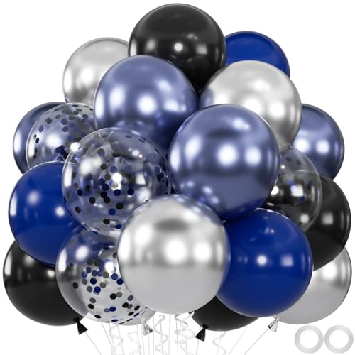 60pcs Blue and Black Balloon, 12" Navy Metallic Blue & Silver Confetti Balloons for 2025 Graduation, Father’s Day, Birthda...
