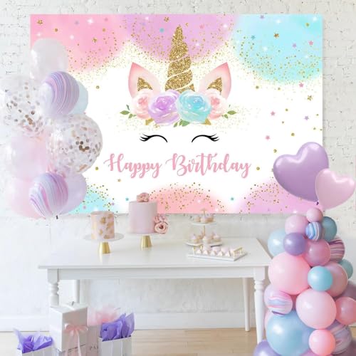 Mocsicka Unicorn Birthday Decorations Backdrop for Girls Party 6x4ft Pastel Rainbow Glitter Stars Dots Happy Birthday Bann...