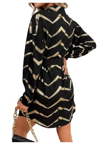 SweatyRocks Women's Metallic Gold Long Sleeve Dresses Collar Shirtdress Casino Night Party Outfit