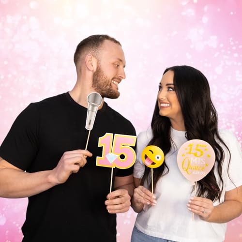Quinceanera Photo Booth Props - 41-pc Photobooth Kit with 8 x 10-Inch Sign, 60 Adhesive Pads, 45 Sticks - Sweet 15 Photo B...