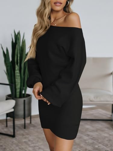 Wenrine Women's Off The Shoulder Sweater Dress 2025 Fall Winter Casual Long Sleeve Knit Slim Fit Pullover Mini Dresses