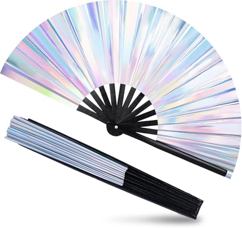 Folding Hand Fan, 13 Inch Glitter White Rave Decorative Hand Fans for Line Dancing Handheld Crafts for Festivals, Rainbow ...