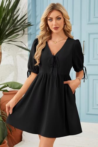 Dokotoo Summer Dresses for Women 2026 Casual V Neck Bow Tie Short Sleeve Empire Waist A-Line Mini Dress