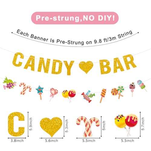 Candyland Party Decorations,2Pcs Pre-Strung Glitter Gold Candy Bar Banner,Lollipop Garland Banner for Sweet Candy Themed B...
