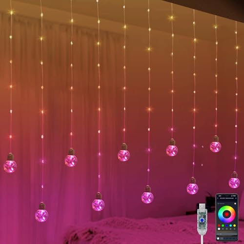 Color Changing Wishing Ball Curtain Lights, 9.8 x 3.3 FT RGB LED Fairy Light with Remote App Control, Music Sync Window Ba...