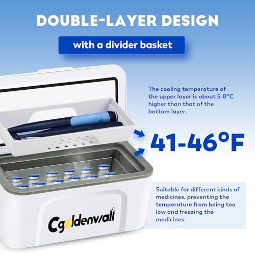 CGOLDENWALL Portable Insulin Cooler Box for Max.12 Pens, 7.5 * 3 * 2.7inches Internal Capacity 32-64℉ Setting with 5V 1360...