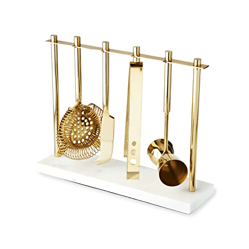 Twine Bar Tool Set Includes Hawthorne Strainer, Citrus Knife, Ice Tongs, Double Jigger with Marble Display Stand for Class...