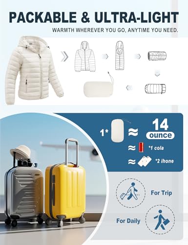 Women's Lightweight Packable Puffer Jacket Quilted Insulated Warm Winter Coat Full-Zip Hooded Outerwear for Hiking Travel