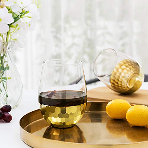 MyGift Modern Stemless Champagne Flute Glass Set of 4 Party Drinkware, Cocktails Prosecco Mimosa Glasses with Hammered Bra...