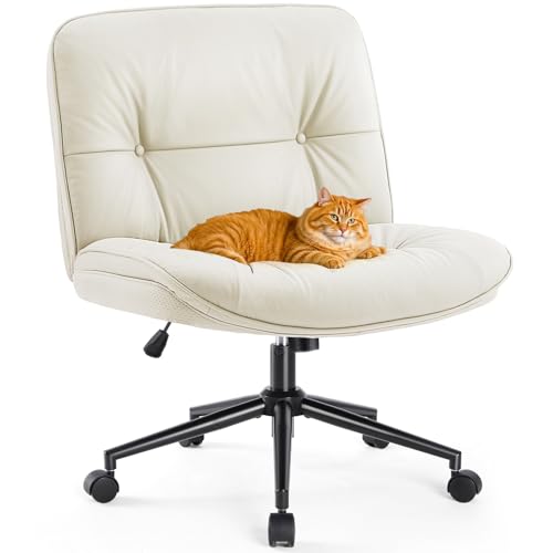 Sweetcrispy Criss Cross Chair with Wheels, Wide Seat PU Leather Armless Office Desk Vanity Chair, Comfortable Adjustable S...